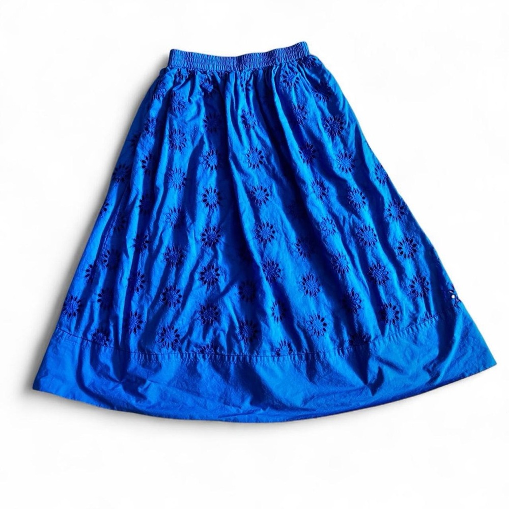 J.Crew blue midi cotton skirt w elastic waistband, floral embroidery. Sz PXS
